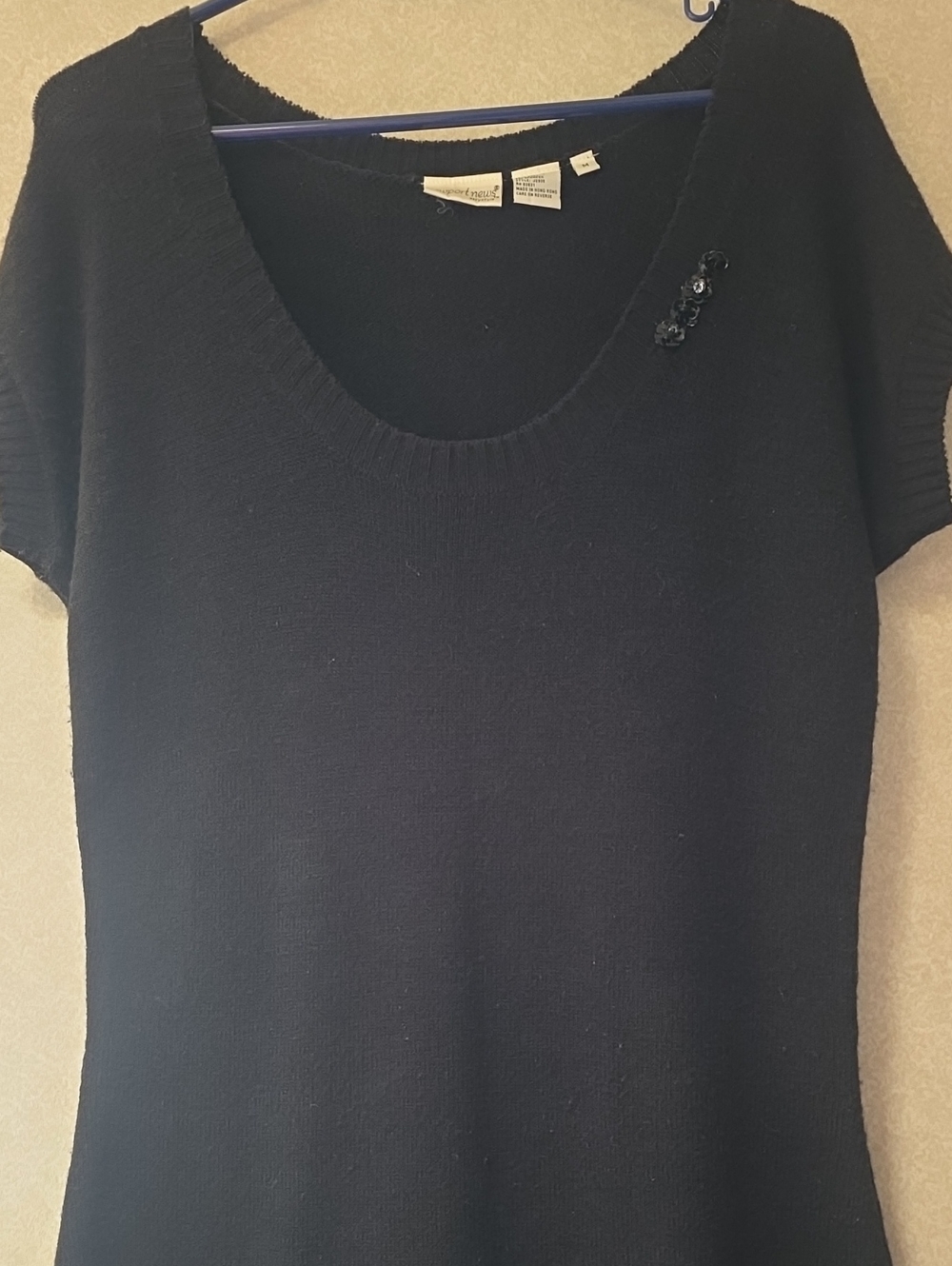 Newport News Black Knit Short-Sleeve Dress with Embellishment